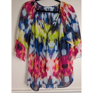 MILLY Design Nation Womens Top Tassel Blouse Size XL Art Gauzy Flowy Bell Sleeve